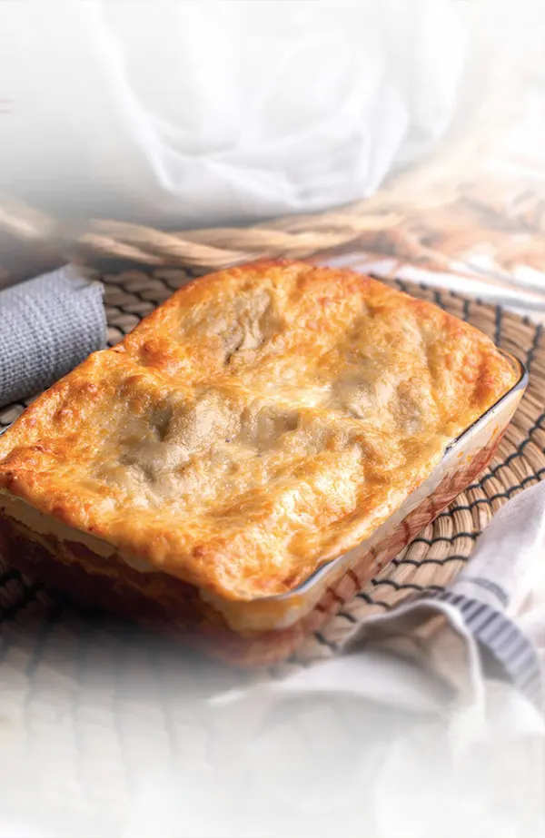 Lasaña con boloñesa de champiñones y huevo